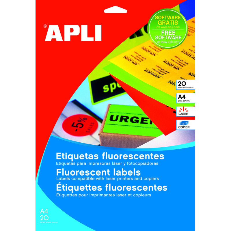 ETIQUETAS FLUOR A4 ROJO 64X33,9 CANTOS ROMOS 20H. 480U APLI