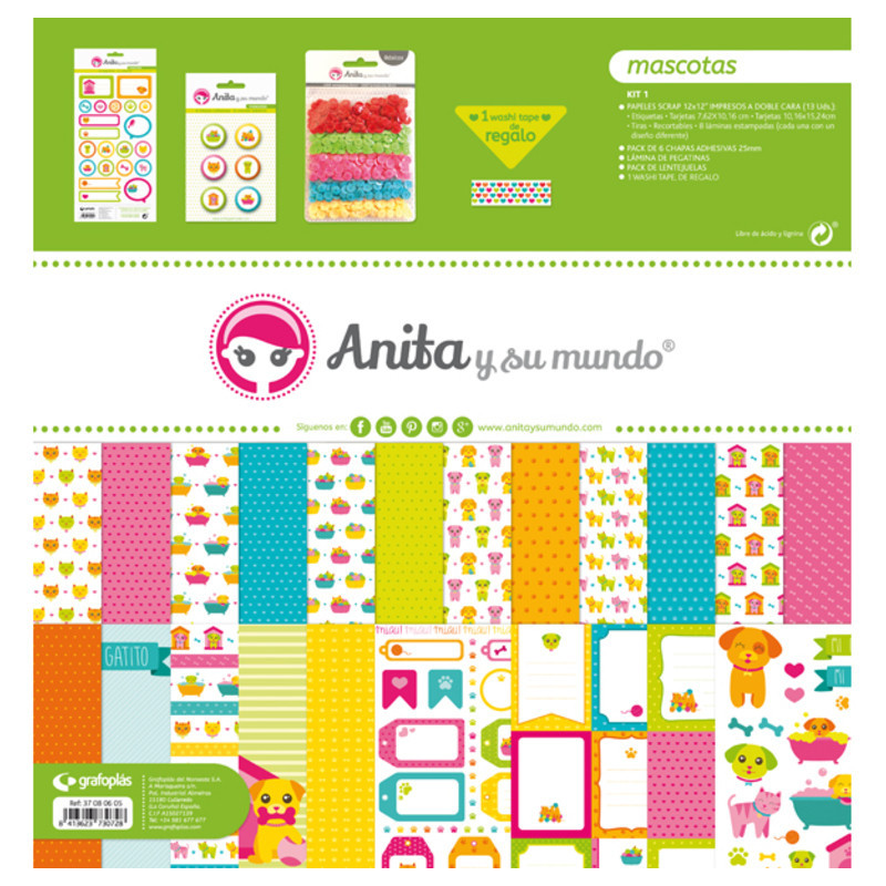 JUEGO GRAFOPLAS SCRAPBOOK BOLSA ANITA MASCOTAS 17 PZAS 37080605