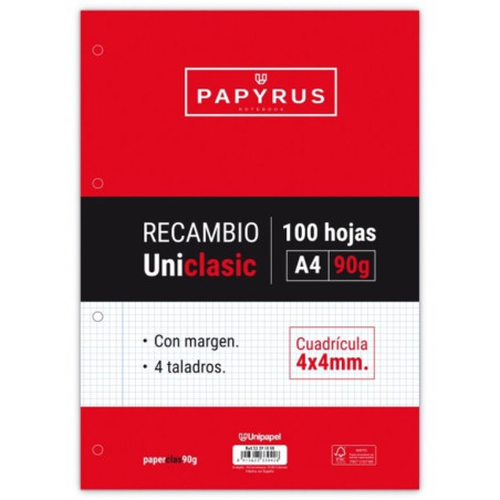 RECAMBIO PAPYRUS UNICLASIC A4 90G CUADRO 4*4 MARGEN PTE 100H 53391000 GRAFOPLAS