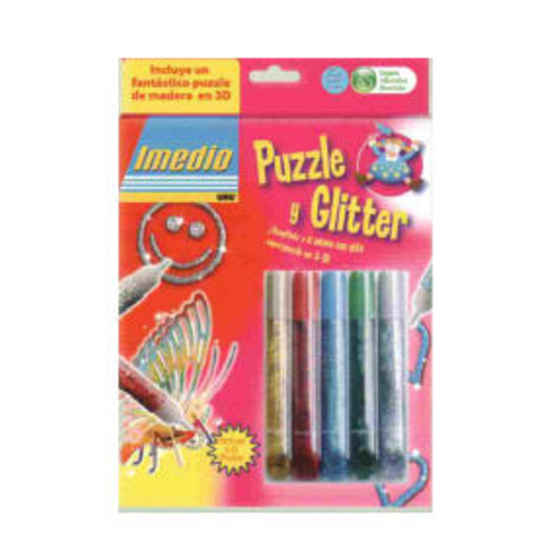 PEGAMENTO IMEDIO UHU GLITTER GLUE METAL 5COL 10G + PUZZLE 3D ^