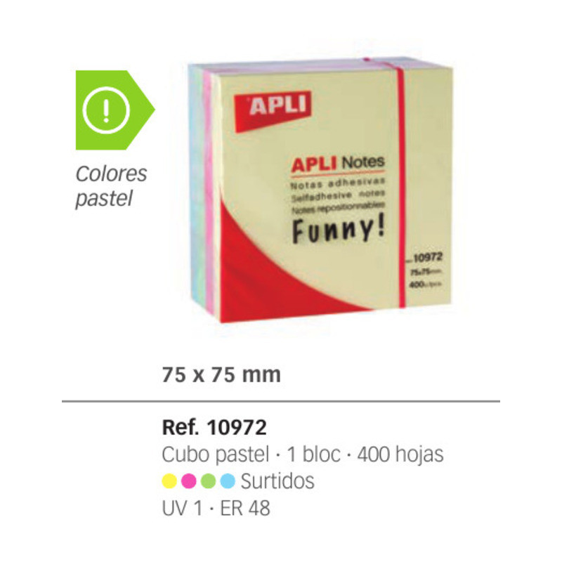 BLOC NOTAS ADHESIVO APLI 75*75 CUBO 400H COLORES PASTEL 10972