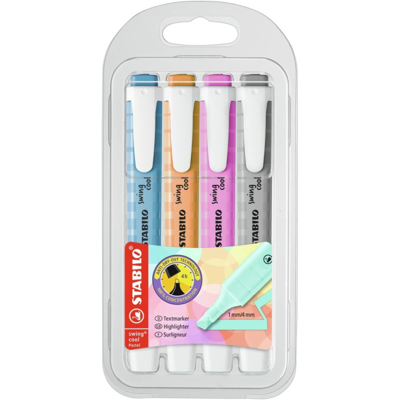 MARCD. FLUORESCENTE SWING COOL PASTEL caja 4 UDS AZ,NRANJ,FUCS Y GRIS STABILO