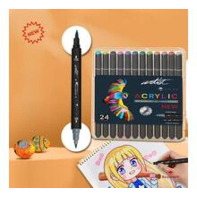 ESTUCHE ARTIST 24 MARCADORES ACRILICOS DOBLE PUNTA PINCEL SURTIDOS ALEX BOG AB-0658
