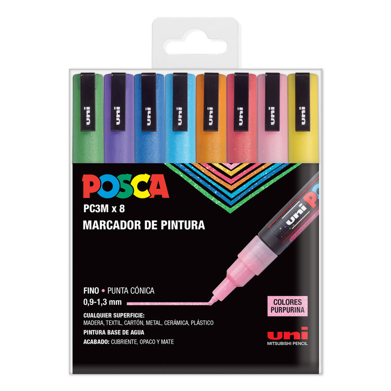 MARCADOR UNI-BALL POSCA PC-3ML/8C PUNTA FINA PURPURINA SURTIDO C/8U