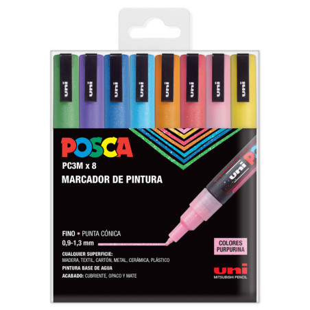 MARCADOR UNI-BALL POSCA PC-3ML/8C PUNTA FINA PURPURINA SURTIDO C/8U