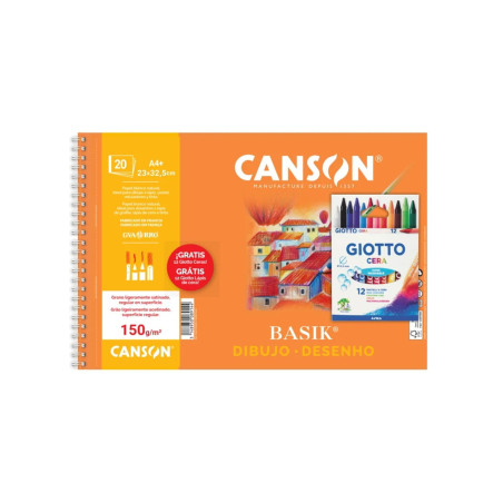 BLOC DIBUJO CANSON BASIK+ 150G A-4+ 23*32,5 MICRO LISO 20H C650106000 + CERAS DE REGALO