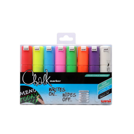MARCADOR UNI-BALL CHALK TIZA LIQUIDA REDONDO PWE-8K SURTIDO 8 COLORES