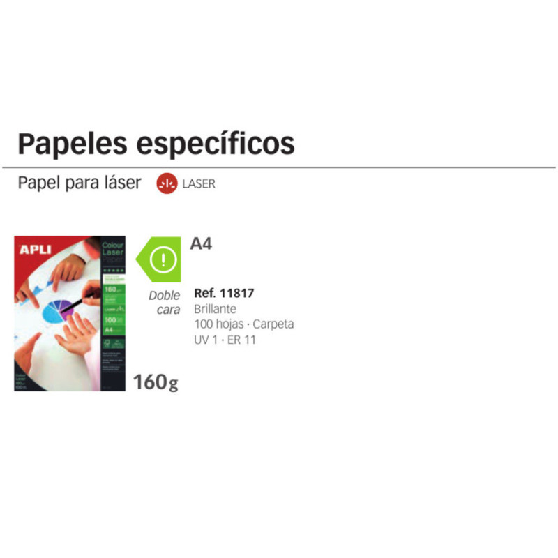 PAPEL APLI LASER A-4 FOTO DOBLE CARA BRILLO 160G 100H 11817
