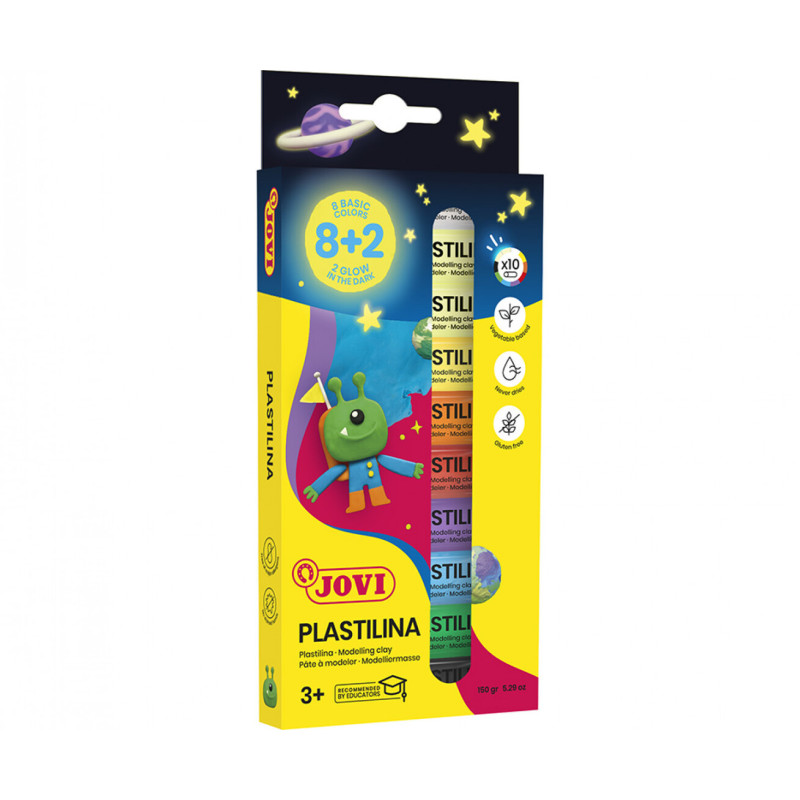 PLASTILINA JOVI ESTUCHE 10 PASTILLAS 15G 8 COLORES + 2 FOSFORESCENTES 90/10G UNIDAD