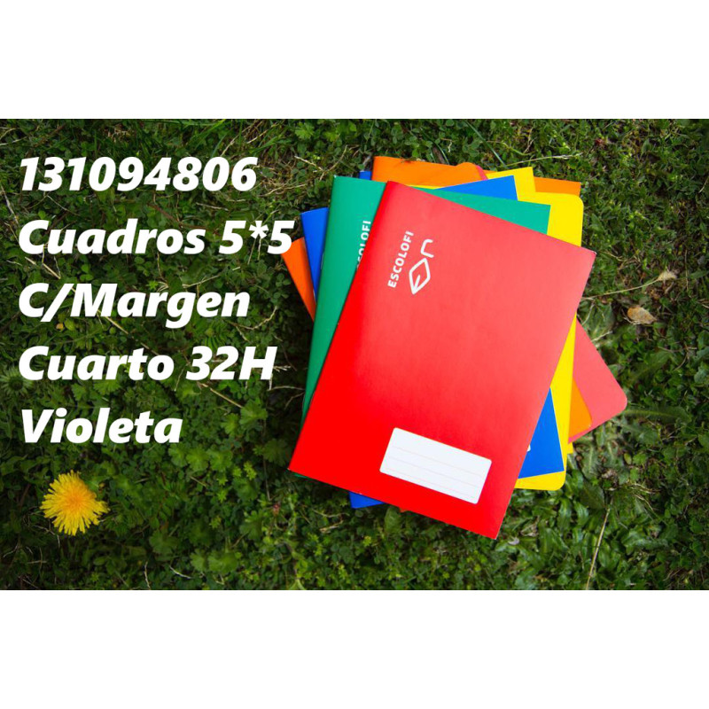LIBRETA GRAPADA CUARTO 32 HOJAS 70 GR CUADRO 5*5 MARGEN VIOLETA 131094806 ESCOLOFI (10)