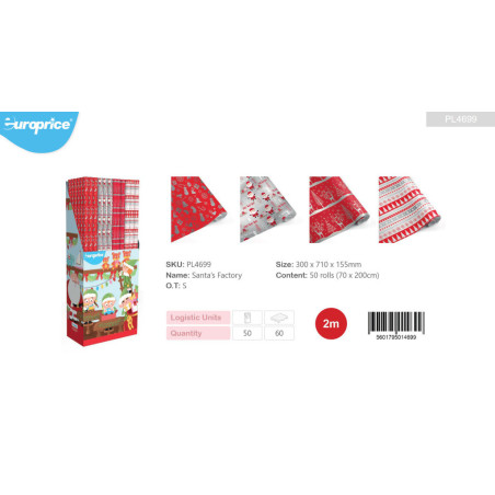 PAPEL REGALO ROLLO 0,70*2 EUROPRICE FABRICA DE PAPA NOEL PL4699 C/50U