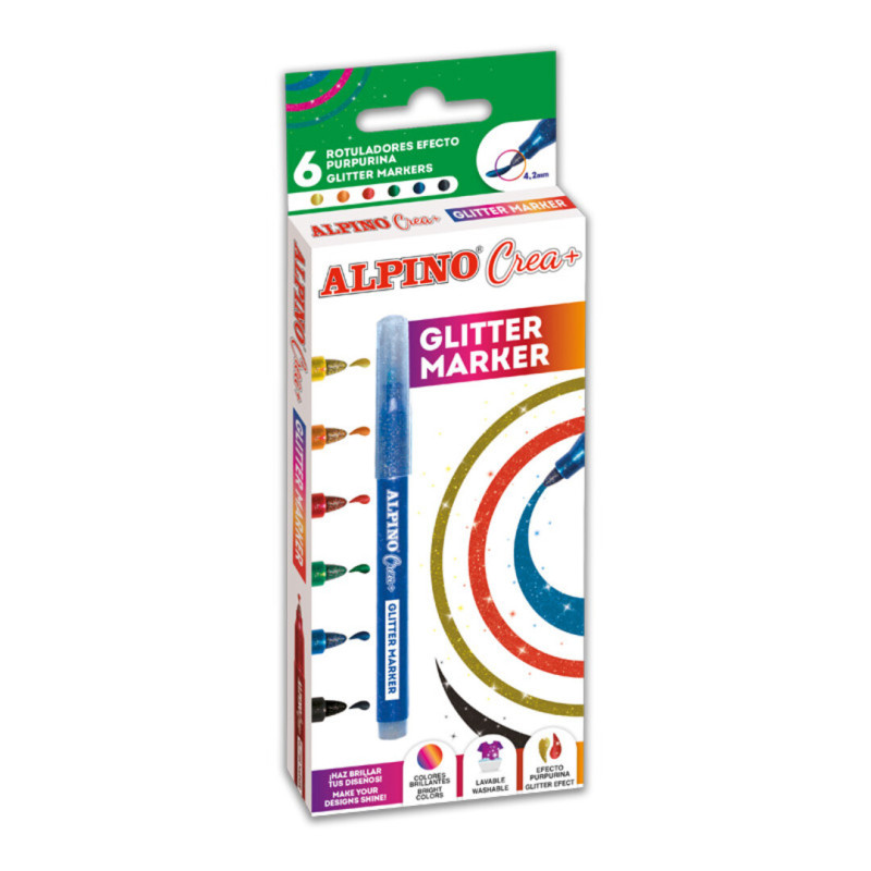 PEGAMENTO PURPURINA ALPINO CREA GLITTER GLUE MARKER 6 COLORES AR000178