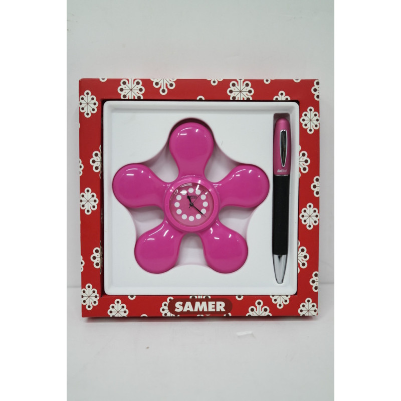 JUEGO LEBER BOLIGRAFO CON RELOJ FLOR ROSA 97.427-10 ^