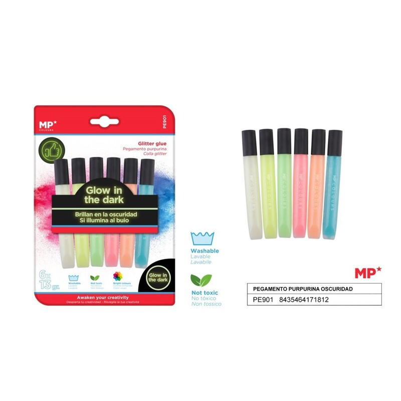 PEGAMENTO PURPURINA MADRID PAPEL GLITTER GLUE GLOW IN THE DARK 6 COLORES PE901 BLISTER