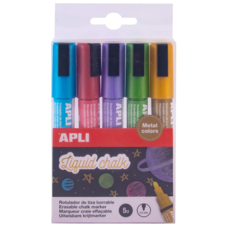 MARCD.ES TIZA LIQUIDA PTA.REDONDA 5,5MM 5 COLORES METALES SURTIDOS LIQUID CHALK APLI