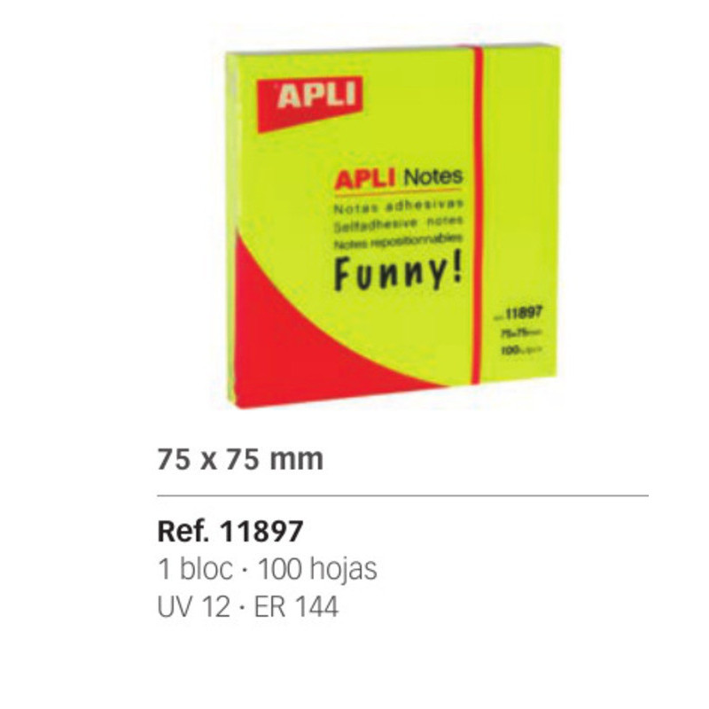 BLOC NOTAS ADHESIVO APLI 75*75 FLUOR AMARILLO 100H PTE/12U