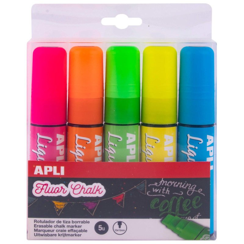 MARCD.ES TIZA LIQUIDA PTA.BISELADA 15MM 5 COLORES SURTIDOS LIQUID CHALK APLI
