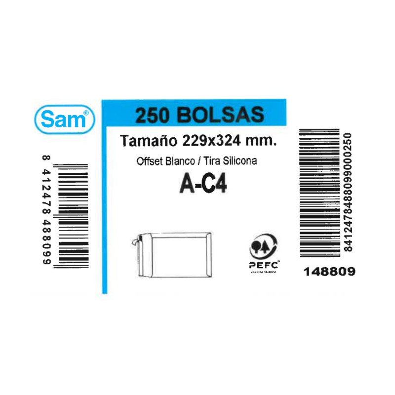 SOBRE SAM BOLSA DIN A-4 BLANCO 229*324 A-C4 C/250U