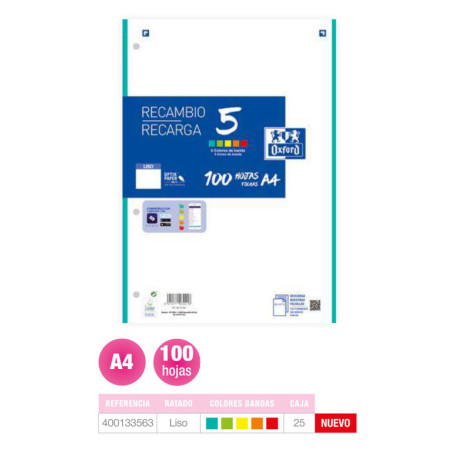 RECAMBIO ENRI A-4 100H 4T OXFORD SCHOOL LISO 90GR 5 COLORES 400133563