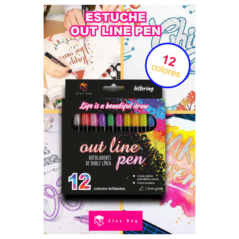 ROTULADOR BICOLOR BORDE PLATA CAJA 12U ALEX BOG OUTLINE PEN AB-0412