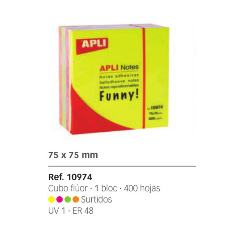 BLOC NOTAS ADHESIVO APLI 75*75 CUBO 400H COLORES FLUOR 10974