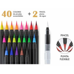 ROTULADOR PUNTA PINCEL PROFESIONAL ACUARELABLE + PINCEL AGUA 40 COLORES SURTIDOS ALEX BOG AB-0504
