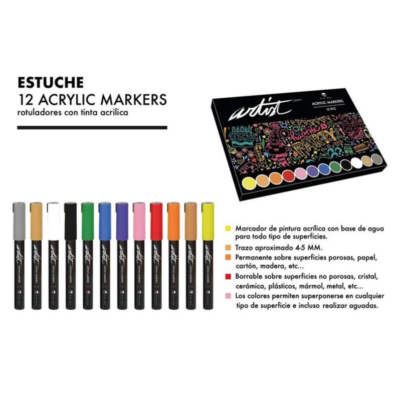 ESTUCHE ARTIST 12 MARCADORES ACRILICOS SURTIDOS ALEX BOG AB-0612
