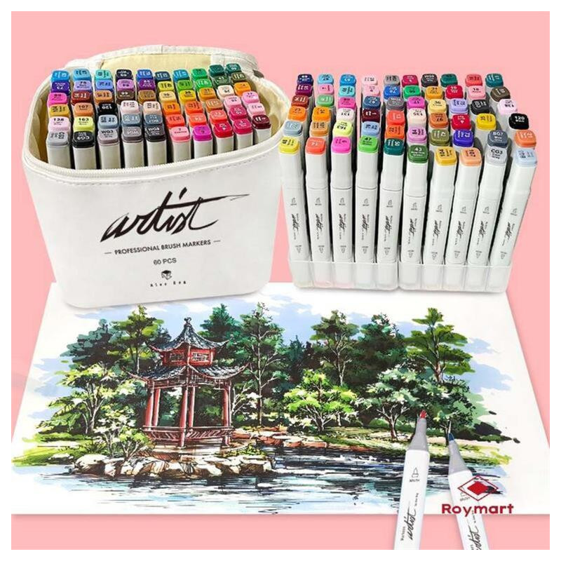 ROTULADOR DOBLE PUNTA PINCEL MARKERS CAJA REGALO 60 COLORES SURTIDOS AB-1260 ALEX BOG