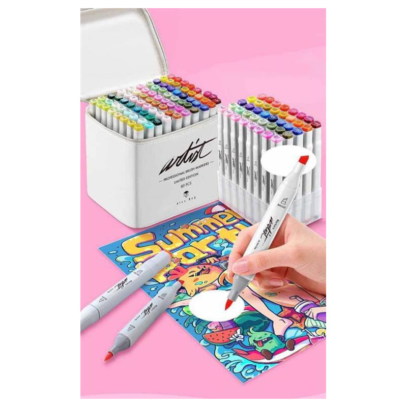 ROTULADOR DOBLE PUNTA PINCEL MARKERS CAJA REGALO 80 COLORES SURTIDOS AB-1280 ALEX BOG