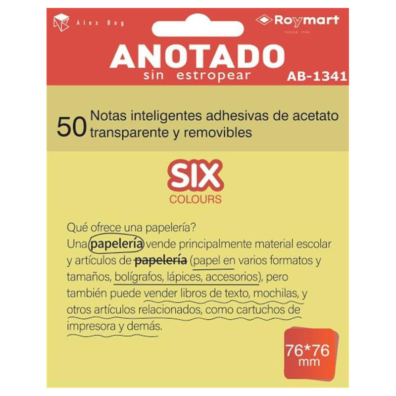 BLOC NOTAS ADHESIVO REMOVIBLE 76*76 50H ACETATO AMARILLO ALEX BOG AB-1341 UNIDAD