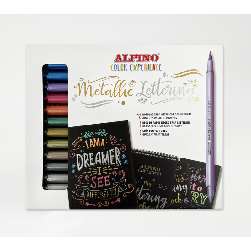 JUEGO 12 ROTULADORES COLOR EXPERIENCE +BLOC PAPEL NEGRO Y GUIA CON PATRONES AR010701 ALPINO