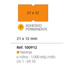 ETIQUETAS MAQ. APLI 21*12 NARANJA PERMANENTE ROLLO 1000U PACK 6 ROLLOS 100912