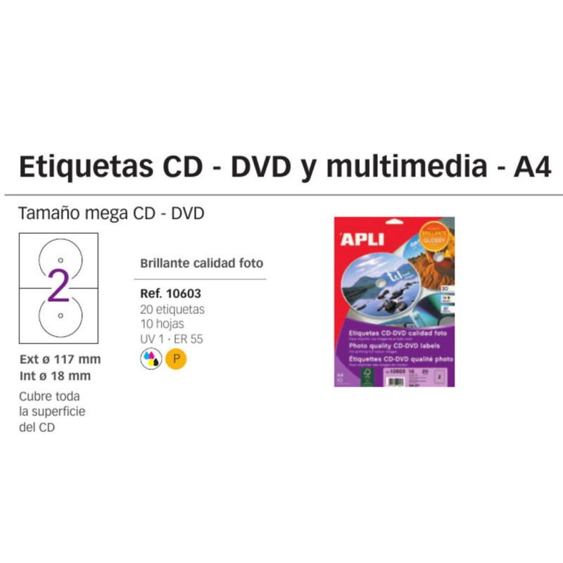 ETIQUETAS APLI INKJET A-4 CD MEGA FOTO 10H 10603