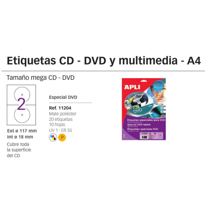 ETIQUETAS APLI INKJET A-4 CD DVD POLIESTER FOTO 10H 11204