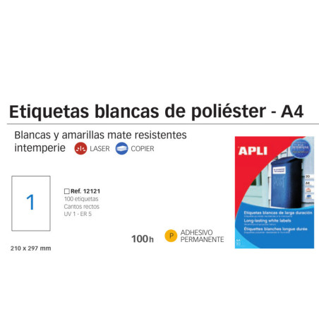 ETIQUETAS APLI L/C A-4 POLIESTER BLANCO INTERPERIE 100H 12121