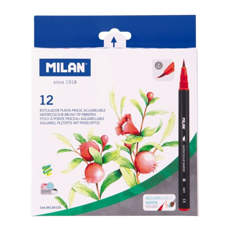 ROTULADOR ACUARELABLE MILAN PUNTA PINCEL CAJA CARTON 12 COLORES 612612S UNIDAD
