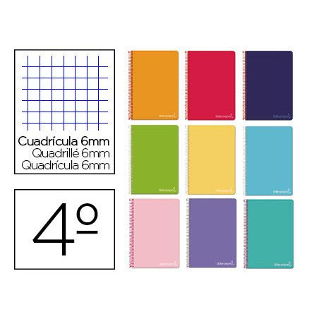 CUADERNO TD CUARTO 80H LIDERPAPEL CUADRO 6*6 MARGEN COLORES SURTIDOS 08402