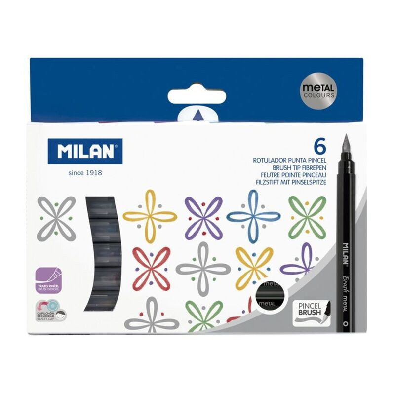 ROTULADOR MILAN PUNTA PINCEL METALIZADO CAJA CARTON 6 COLORES 612606MET UNIDAD