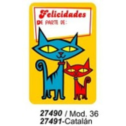 ETIQUETAS FELICIDADES ARGU METALIZADAS DE PARTE DE: GATITOS 250U. MOD 36 ^