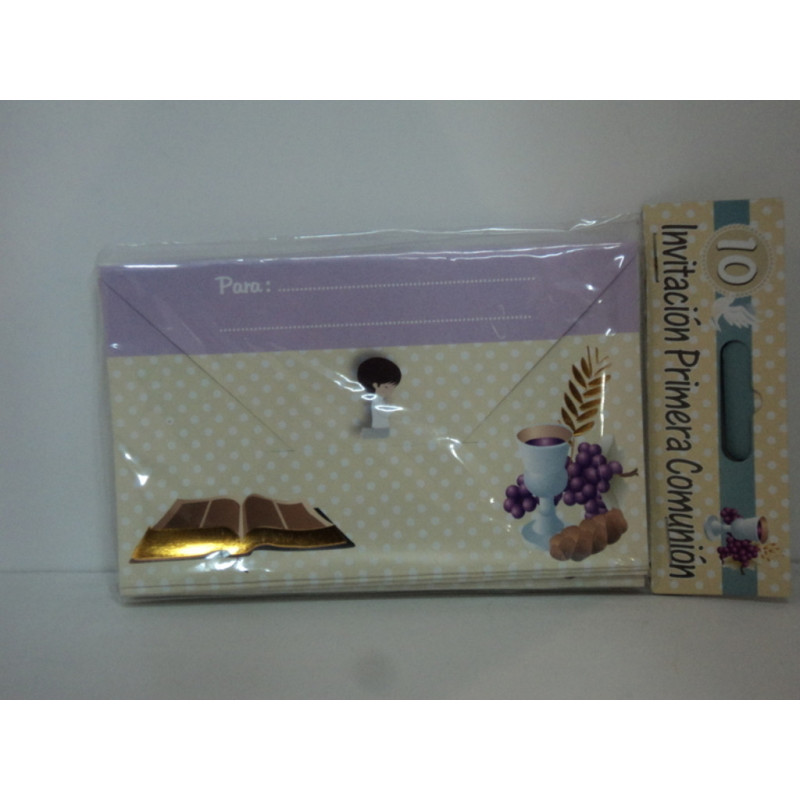 TARJETA INVITACION COMUNION ARGU SOBRE NIÑO LILA PTE 10U 37704 ^