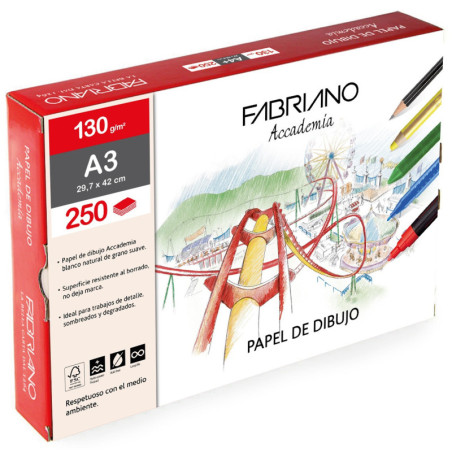 LAMINAS DIBUJO A3 130G CJ.250HJ GRANO NAT.ESCUELA FABRIANO
