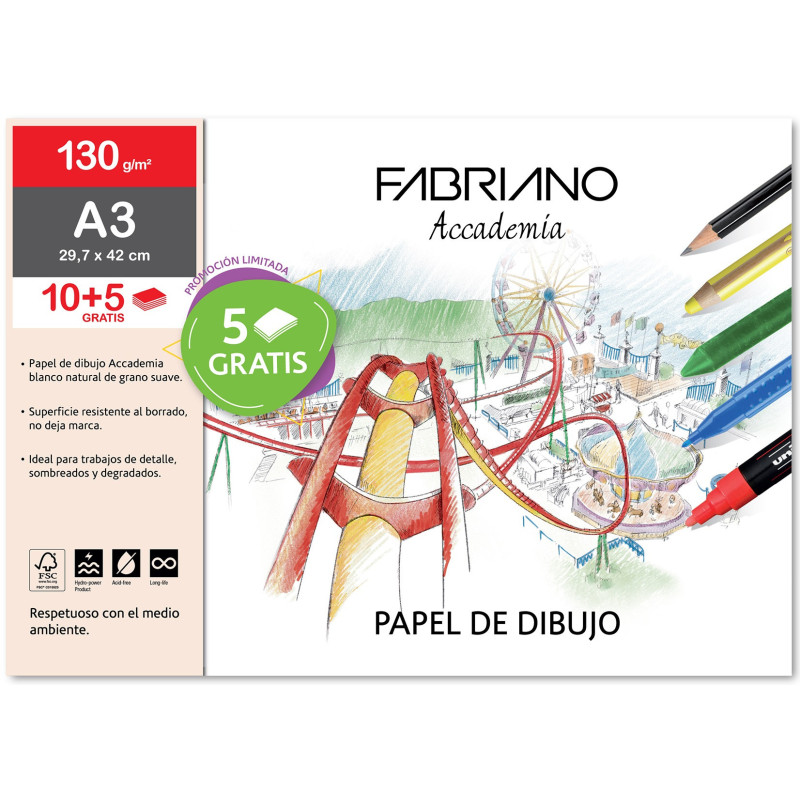 LAMINAS DIBUJO A3 130G 10HJ + 5 GRATIS GRANO NAT.ESCUELA FABRIANO