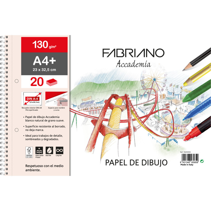 BLOC ESPIRAL PAPEL DIBUJO BLANCO 130 G. 23 X 32.5 FSC™  REC+2 AGUJ-20 H
