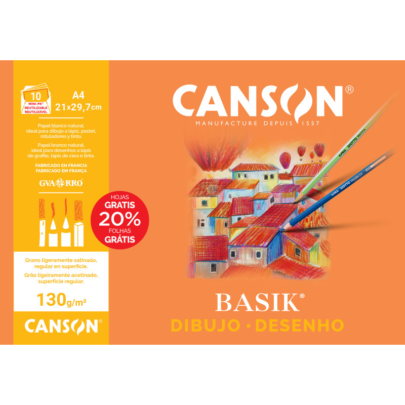 LAMINAS DIBUJO MINIPACKS 10H A4 21x29,7 LISO 130G 20% H.GRATIS CANSON.