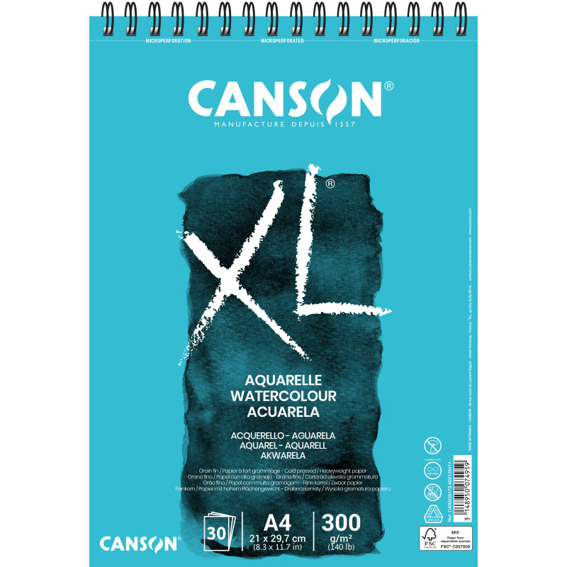 BLOC DIBUJO ESPIRAL A4 30H MICR CANSON XL AQUARELLE FINO 300G