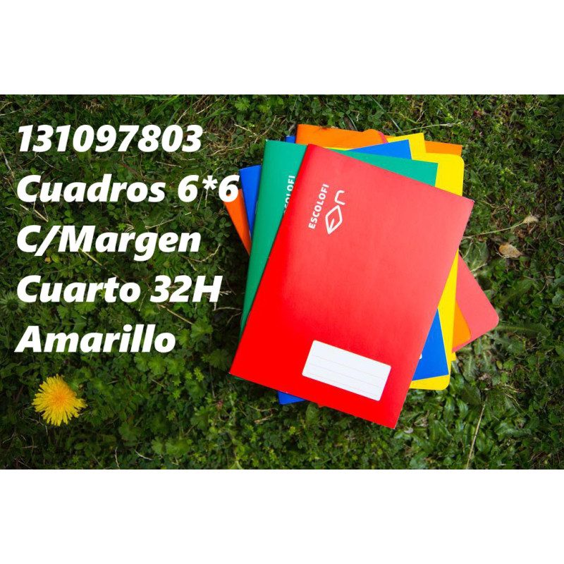LIBRETA GRAPADA CUARTO 32 HOJAS 70 GR CUADRO 6*6 MARGEN AMARILLO 131097803 ESCOLOFI (10)