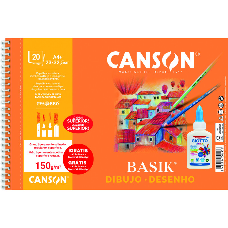 BLOC DIBUJO ESPIRAL A4+ 150G 20H. MICR LISO BASIK GUARRO + GIOTTO VINILIK 40G GRATIS