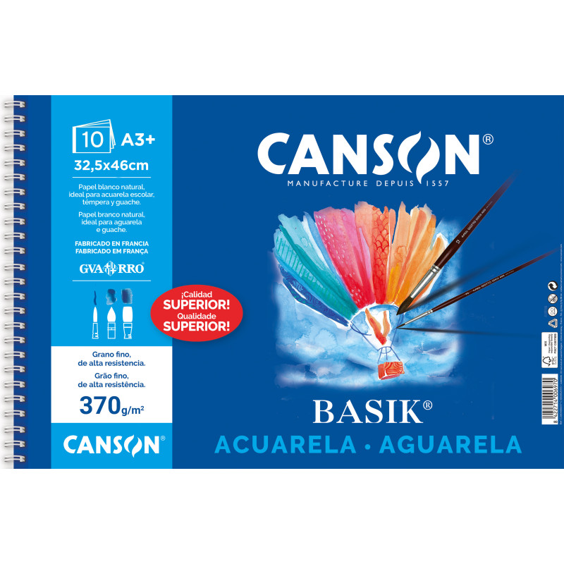 BLOC DIBUJO ESPIRAL ACUARELA A3+ 370G 10H CANSON