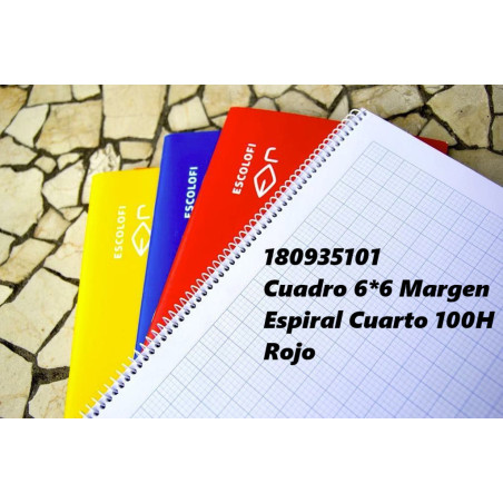 CUADERNO ESPIRAL CUARTO 100 HOJAS 70 GR CUADRO 6*6 MARGEN ROJO 180935101 ESCOLOFI ( 5 )