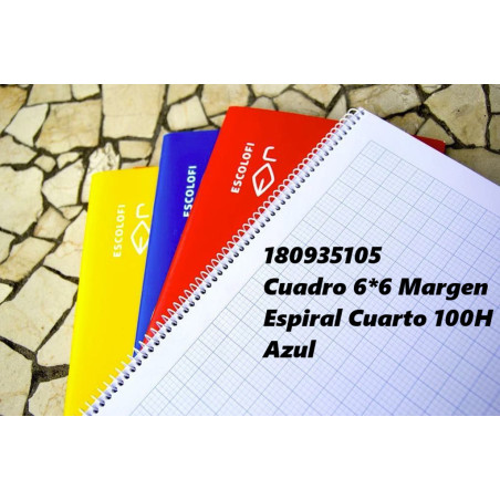 CUADERNO ESPIRAL CUARTO 100 HOJAS 70 GR CUADRO 6*6 MARGEN AZUL 180935105 ESCOLOFI ( 5 )